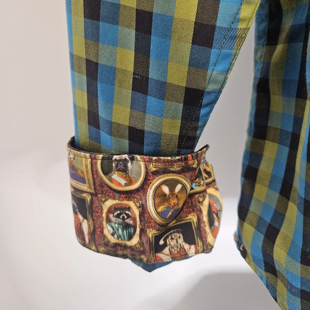 Robert Graham Shirts Blue Yellow  Plaid Animal Portraits Button Down Size Large - Picture 2 of 14